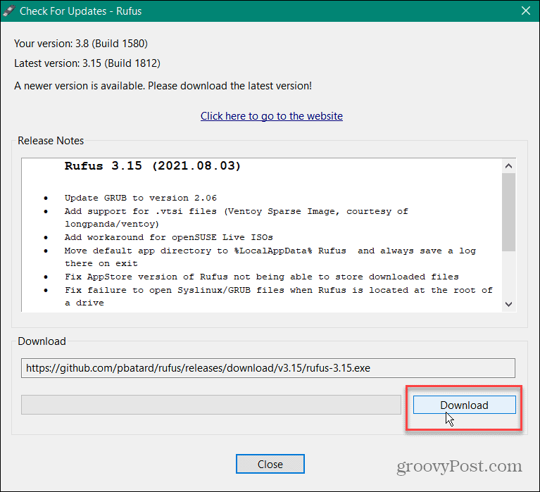 download update Rufus during install