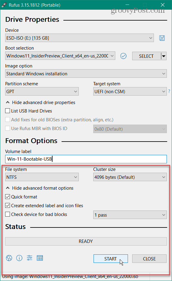 keep default settings Rufus