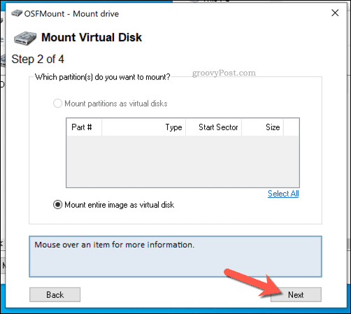 Selecting partitions to mount in OSFMount