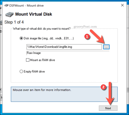 Selecting an IMG file to mount in OSFMount