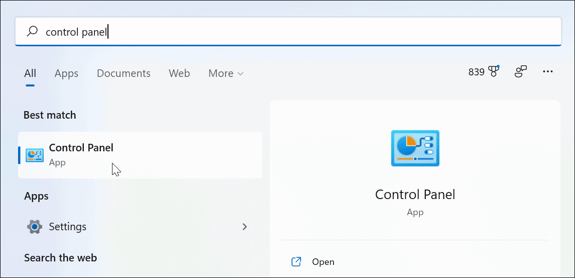 Search Control Panel