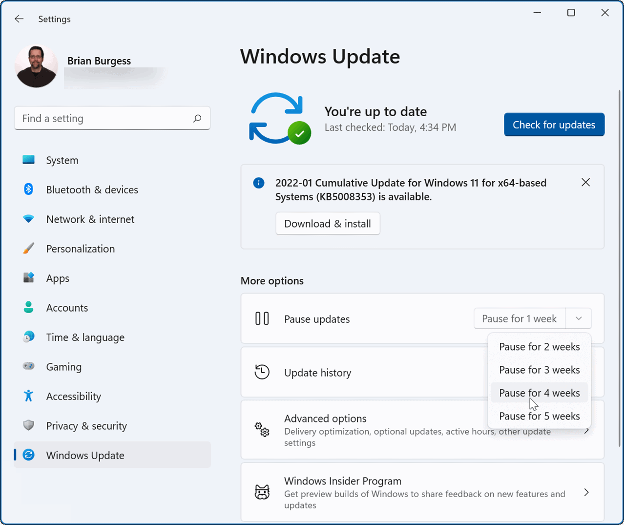 pause updates on windows 11