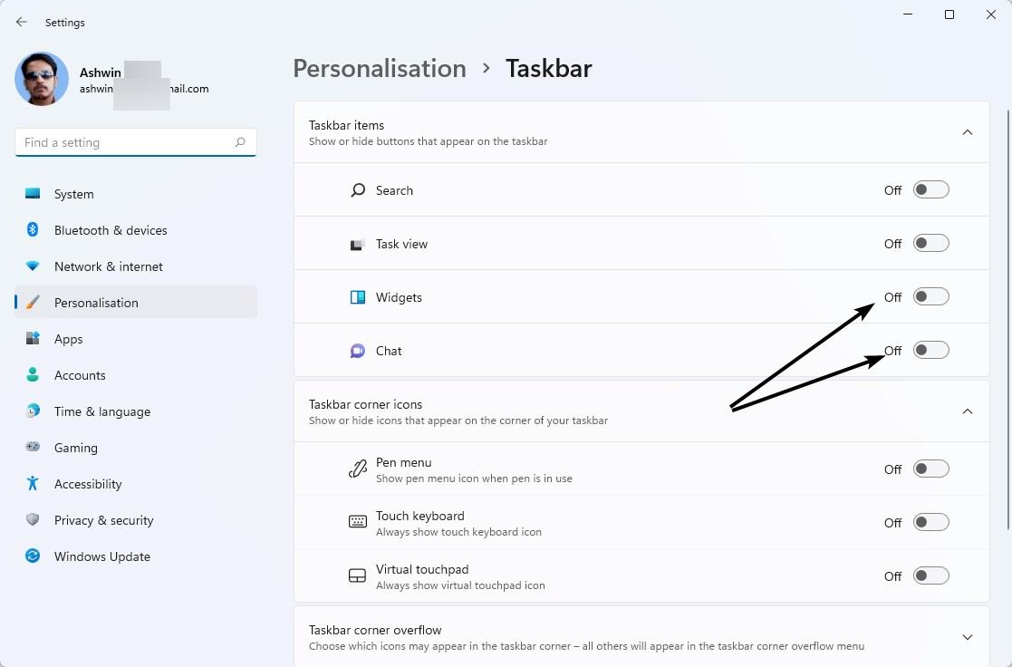 disable the chat and widgets icons in windows 11