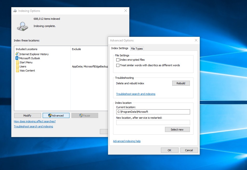 Windows Indexing Options