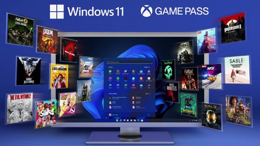 Windows 11 Xbox Game Pass advertisement with game logos and mock monitor on blue backdrop
